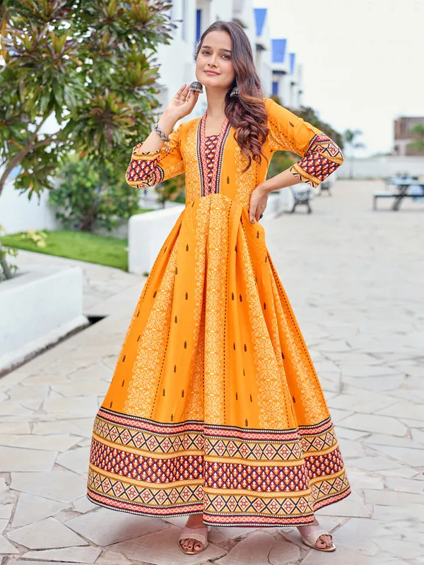 Orange::Multicolor_&_Orange_Orange_&_Multicolor_Printed_Anarkali_Kurta_For_Women