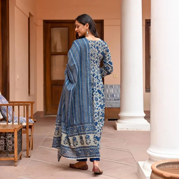 Blue::Beige_&_Navy_Blue_Kurta_Pant_Dupatta_Set_For_Women