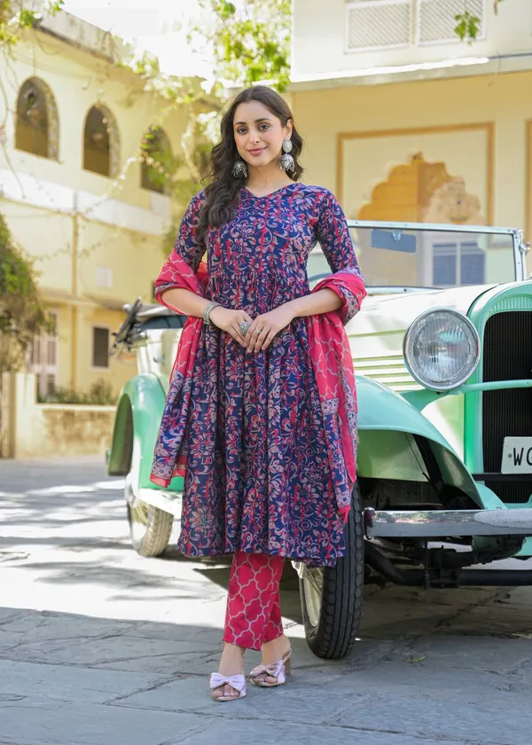 Multicolor_&_Navy_Blue_Kurta_Pant_Dupatta_Set_For_Women