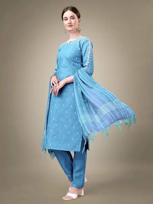 Light_Blue_&_Sky_Blue_Kurti_Pant_Dupatta_Set_For_Women