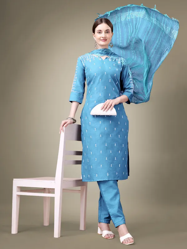 Light_Blue_&_Sky_Blue_Kurti_Pant_Dupatta_Set_For_Women