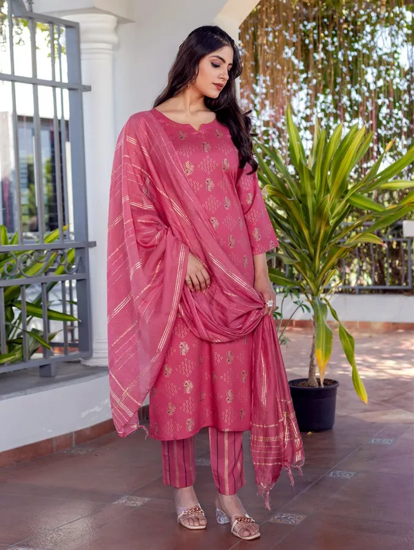 Pink_&_Wine_Printed_Kurta,_Salwar_&_Dupatta_Set