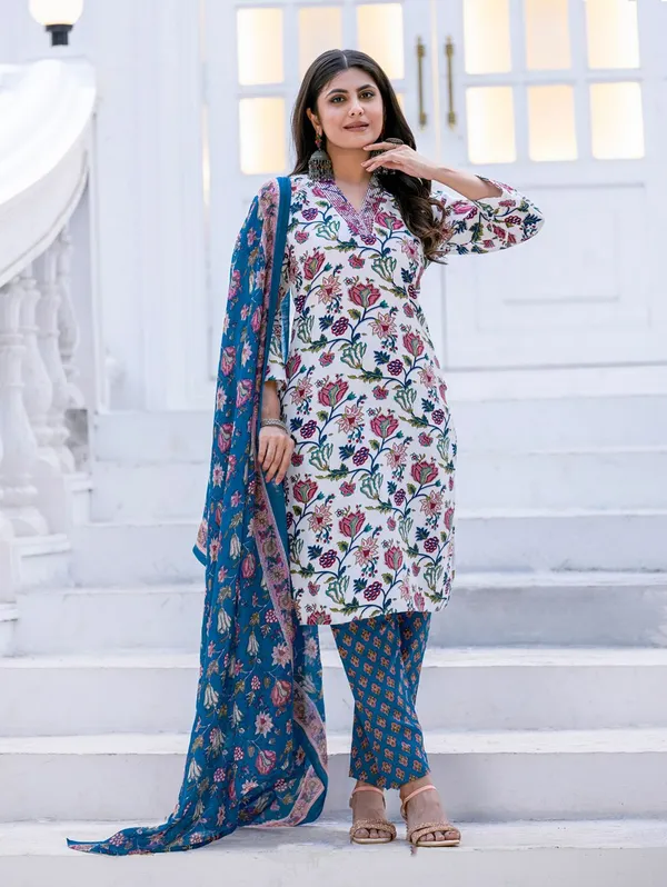 Multicolor_&_White_Floral_Print_Kurta,_Salwar_&_Dupatta_Set