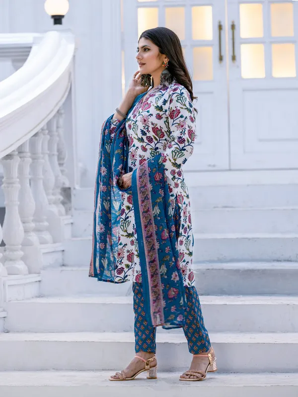 Multicolor_&_White_Floral_Print_Kurta,_Salwar_&_Dupatta_Set