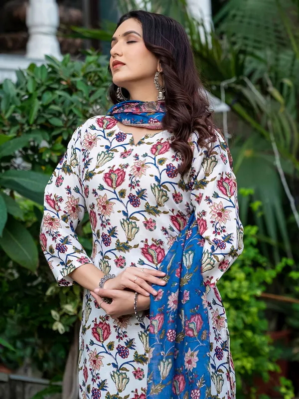 Multicolor_&_White_Floral_Print_Kurta,_Salwar_&_Dupatta_Set