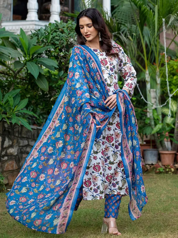 Multicolor_&_White_Floral_Print_Kurta,_Salwar_&_Dupatta_Set