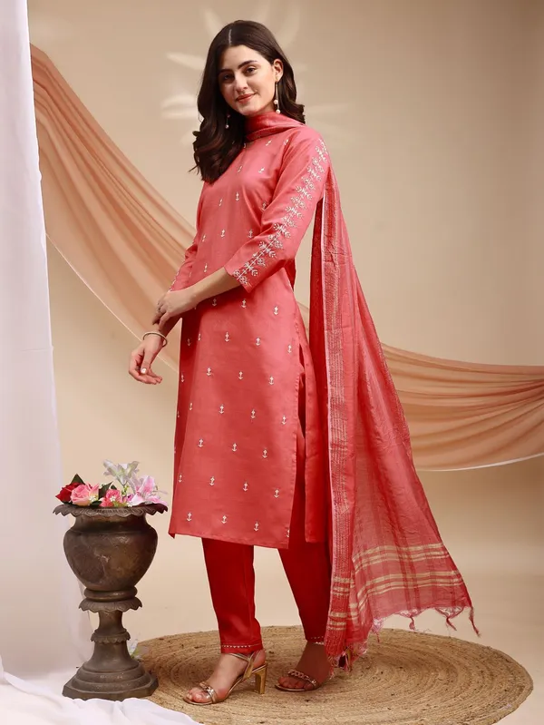 Orange_&_Coral_Embroidered_Kurta,_Churidar_&_Dupatta_Set