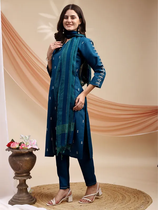 Blue_&_Morpich_Embroidered_Kurta,_Churidar_&_Dupatta_Set