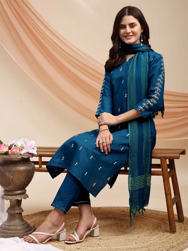Blue_&_Morpich_Embroidered_Kurta,_Churidar_&_Dupatta_Set