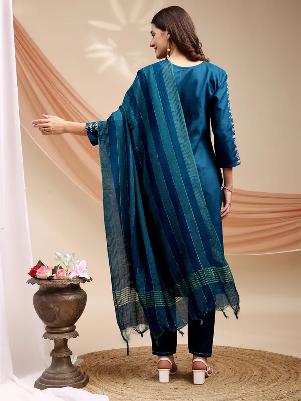 Blue_&_Morpich_Embroidered_Kurta,_Churidar_&_Dupatta_Set