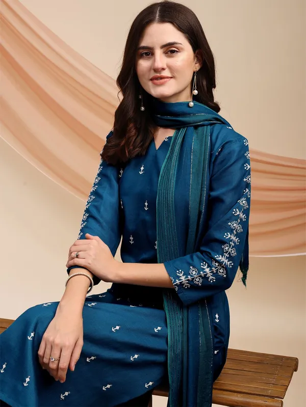 Blue_&_Morpich_Embroidered_Kurta,_Churidar_&_Dupatta_Set