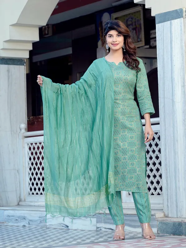 Green_&_Pista_Printed_Kurta,_Trouser/Pant_&_Dupatta_Set
