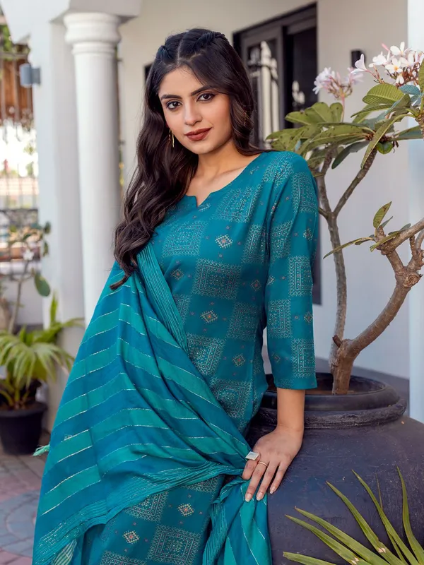 Blue_&_Rama_Printed_Kurta,_Trouser/Pant_&_Dupatta_Set