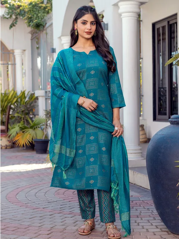 Blue_&_Rama_Printed_Kurta,_Trouser/Pant_&_Dupatta_Set
