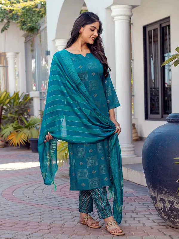 Blue_&_Rama_Printed_Kurta,_Trouser/Pant_&_Dupatta_Set