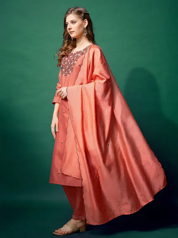 Orange_&_Coral_Embroidered_Kurta,_Trouser/Pant_&_Dupatta_Set