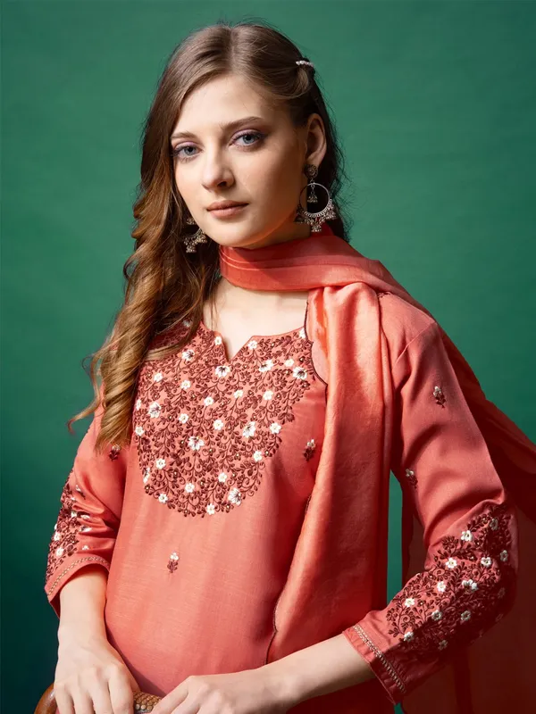 Orange_&_Coral_Embroidered_Kurta,_Trouser/Pant_&_Dupatta_Set