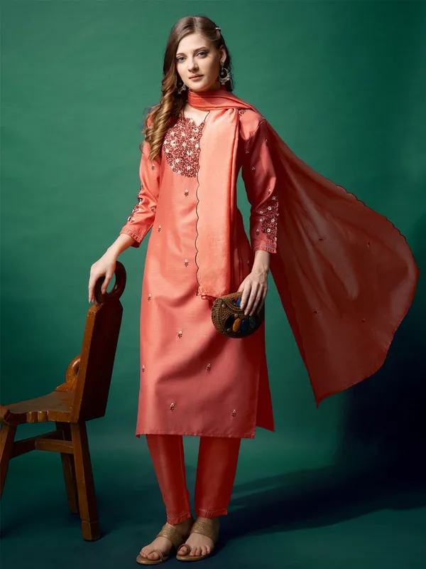 Orange_&_Coral_Embroidered_Kurta,_Trouser/Pant_&_Dupatta_Set