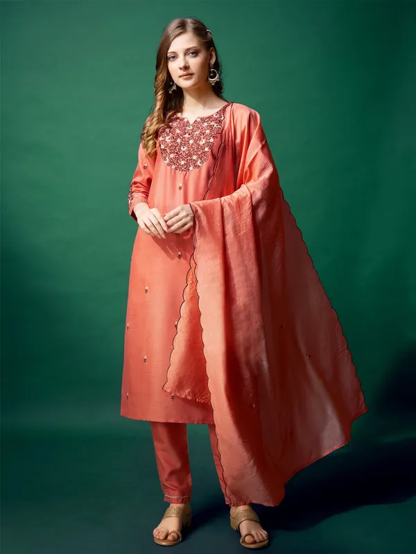 Orange_&_Coral_Embroidered_Kurta,_Trouser/Pant_&_Dupatta_Set