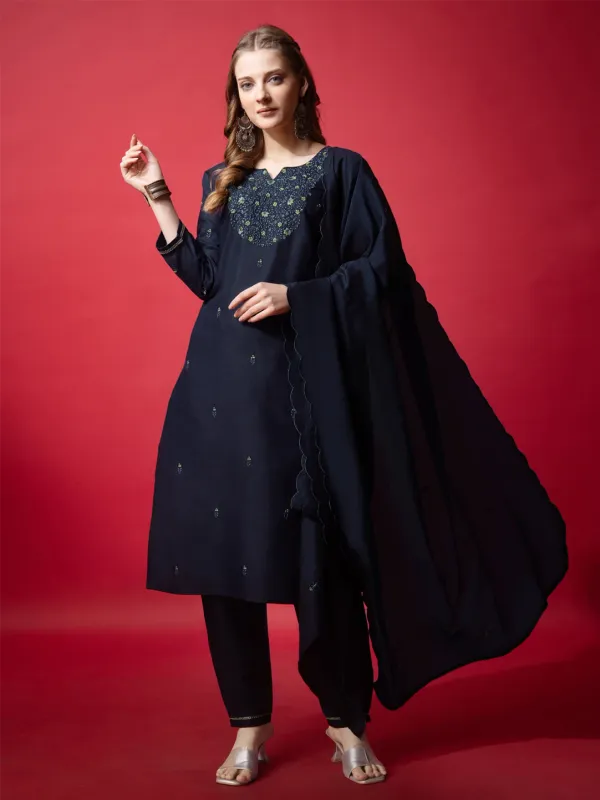 Dark_Blue_&_Navy_Blue_Embroidered_Kurta,_Trouser/Pant_&_Dupatta_Set