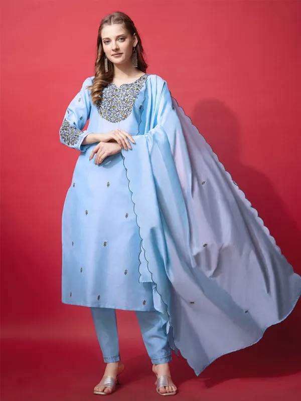 Light_Blue_&_Sky_Blue_Embroidered_Kurta,_Trouser/Pant_&_Dupatta_Set