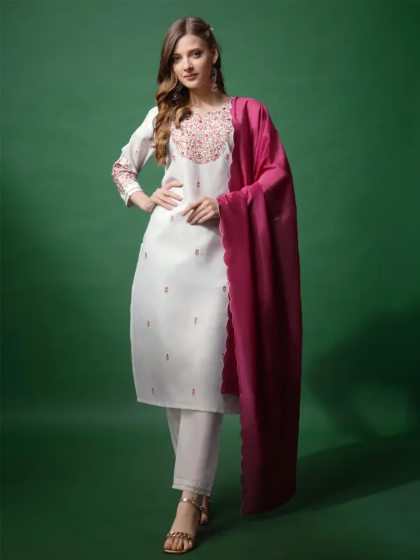 White_Embroidered_Kurta,_Trouser/Pant_&_Dupatta_Set