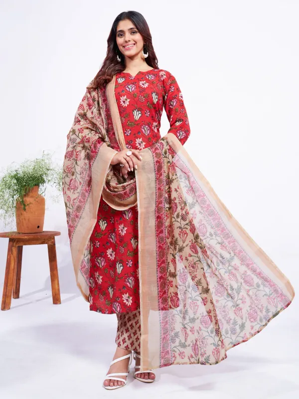 Red_Floral_Print_Kurta,_Trouser/Pant_&_Dupatta_Set