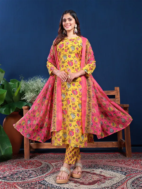 Yellow_Floral_Print_Kurta,_Trouser/Pant_&_Dupatta_Set