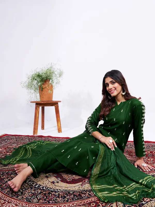 Dark_Green_Embroidered_Kurta,_Trouser/Pant_&_Dupatta_Set