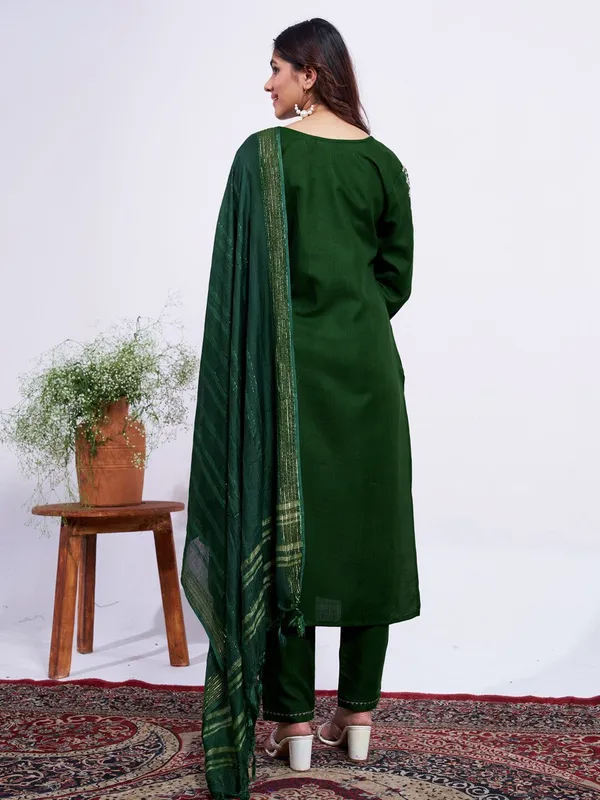 Dark_Green_Embroidered_Kurta,_Trouser/Pant_&_Dupatta_Set