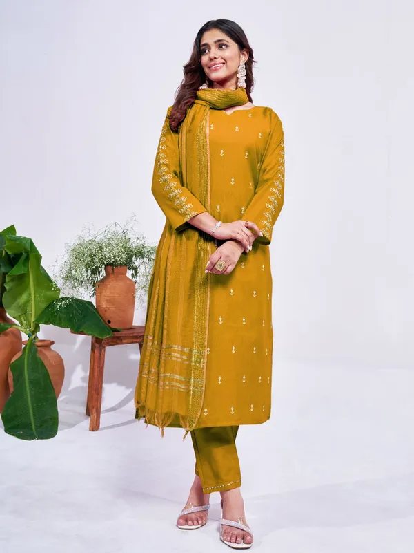 Yellow_&_Golden_Embroidered_Kurta,_Trouser/Pant_&_Dupatta_Set