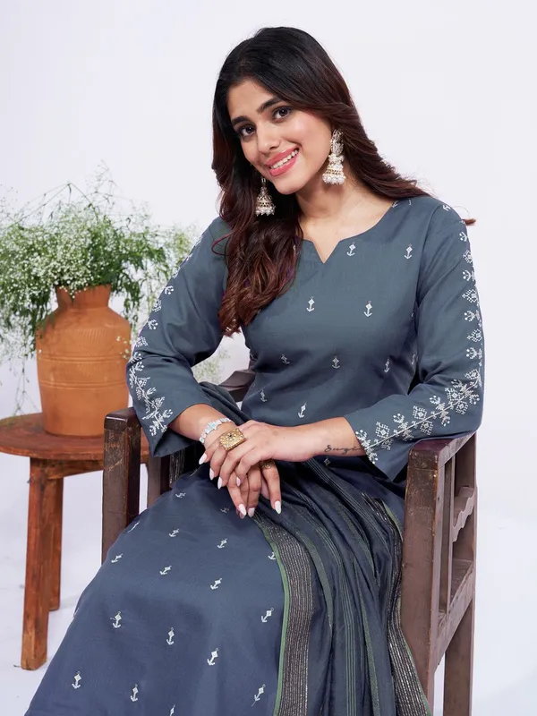 Grey_Embroidered_Kurta,_Trouser/Pant_&_Dupatta_Set