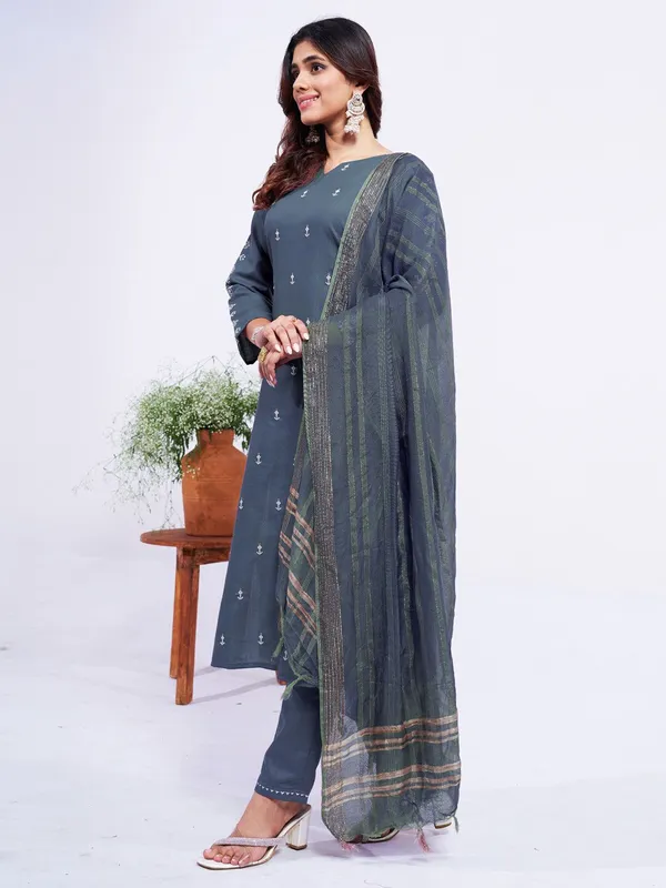 Grey_Embroidered_Kurta,_Trouser/Pant_&_Dupatta_Set