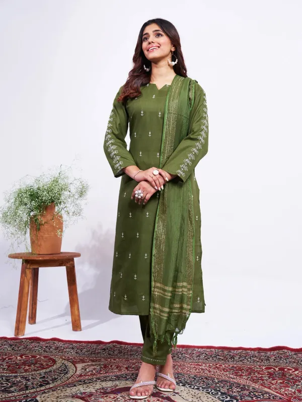 Green_&_Mehendi_Embroidered_Kurta,_Trouser/Pant_&_Dupatta_Set