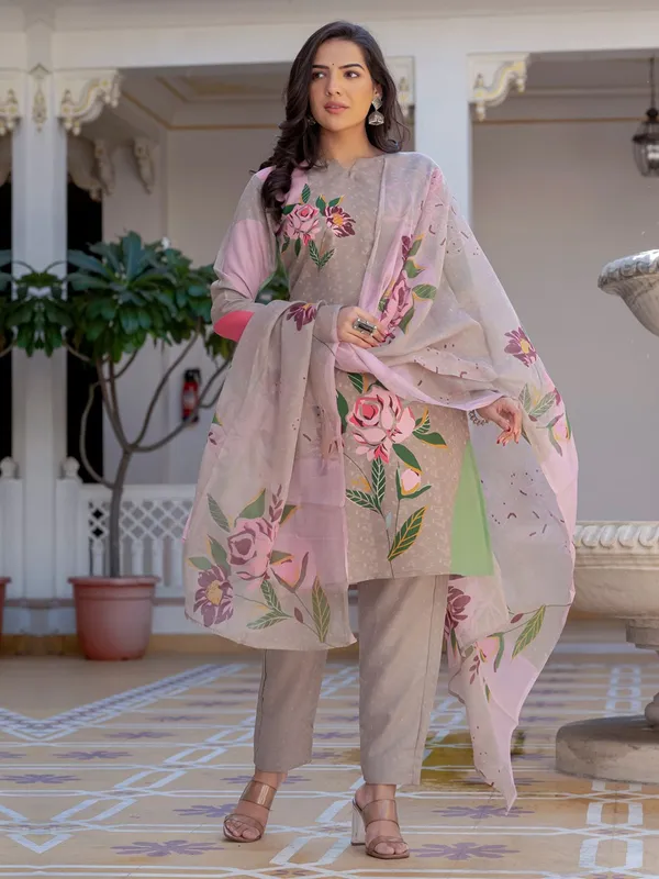 Beige_Printed_Kurta,_Trouser/Pant_&_Dupatta_Set