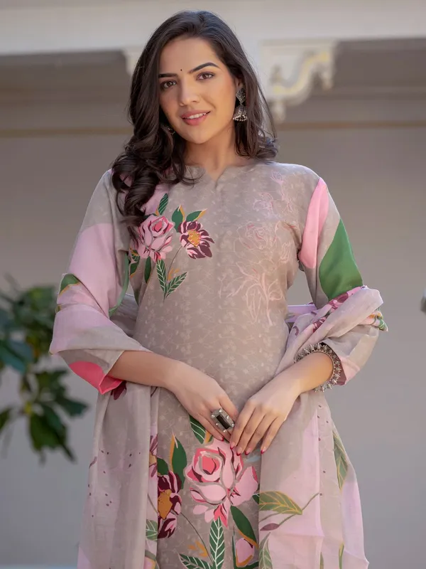 Beige_Printed_Kurta,_Trouser/Pant_&_Dupatta_Set