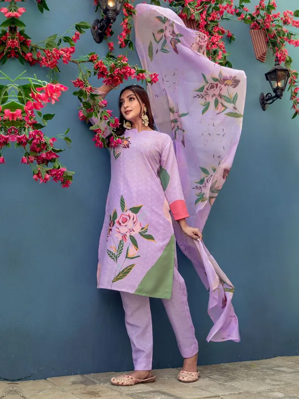 Purple_&_Lavender_Printed_Kurta,_Trouser/Pant_&_Dupatta_Set