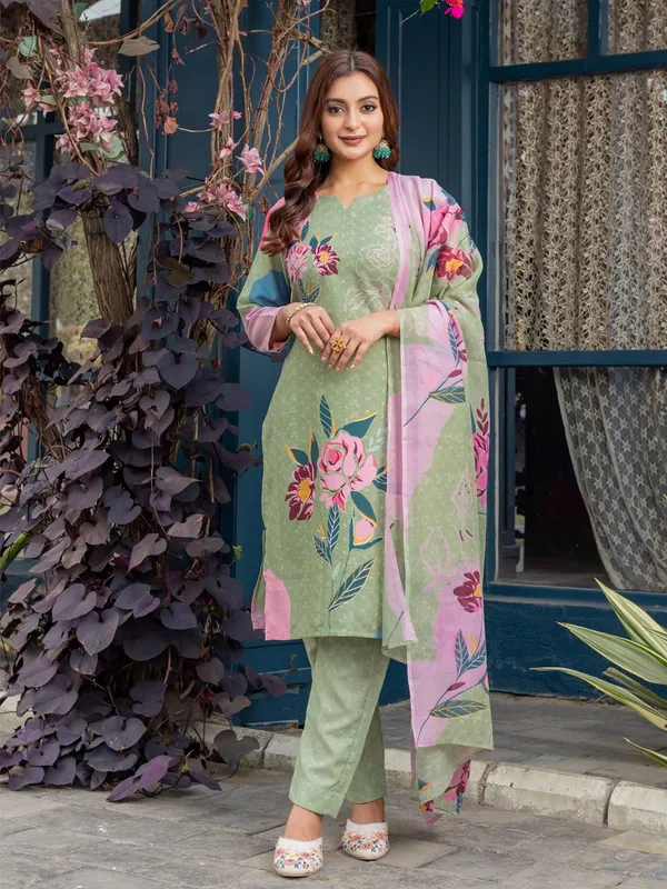 Green_&_Mehendi_Printed_Kurta,_Trouser/Pant_&_Dupatta_Set