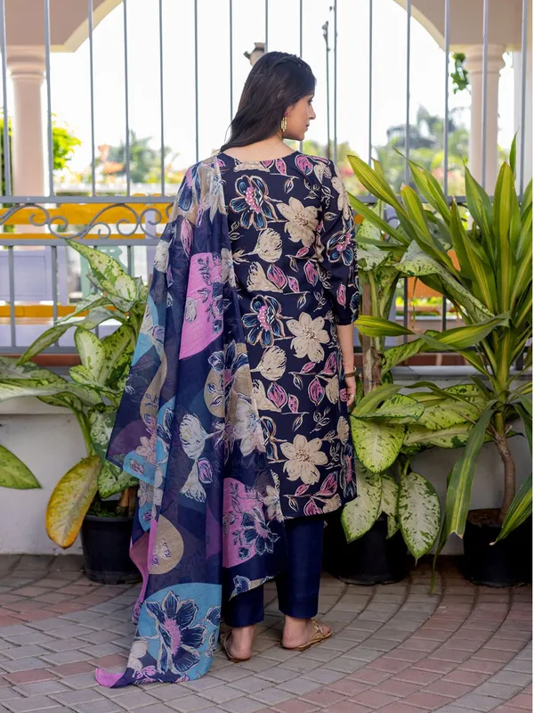 Dark_Blue_&_Navy_Blue_Floral_Print_Kurta,_Trouser/Pant_&_Dupatta_Set