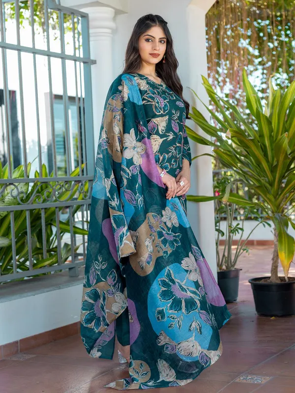Green_&_Rama_Floral_Print_Kurta,_Trouser/Pant_&_Dupatta_Set