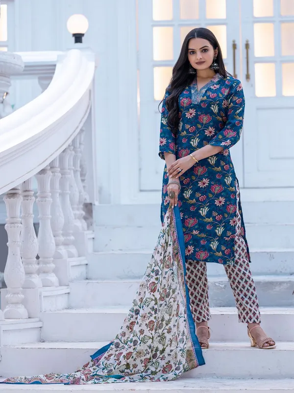 Blue_Printed_Kurta,_Trouser/Pant_&_Dupatta_Set