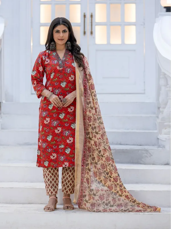Red_Printed_Kurta,_Trouser/Pant_&_Dupatta_Set