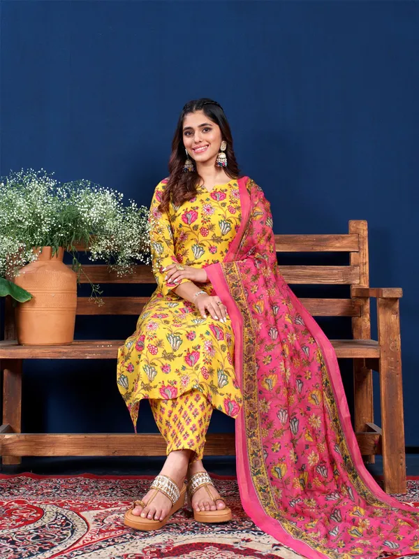 Yellow_Floral_Print_Kurta,_Trouser/Pant_&_Dupatta_Set