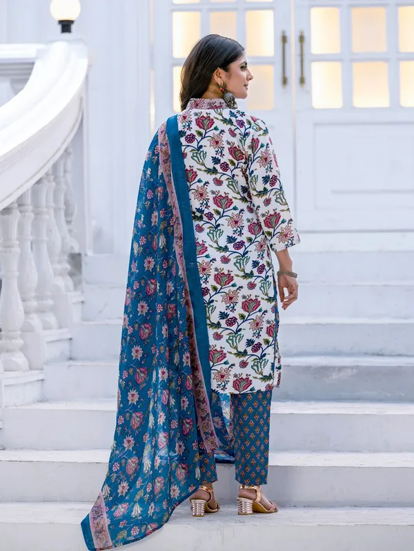White::Blue_&_White_Floral_Print_Kurta,_Salwar_&_Dupatta_Set
