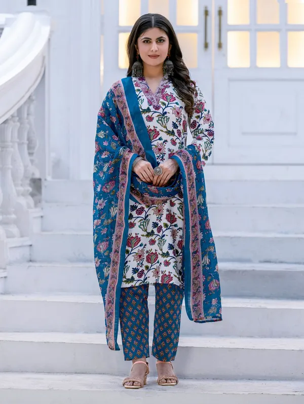 White::Blue_&_White_Floral_Print_Kurta,_Salwar_&_Dupatta_Set