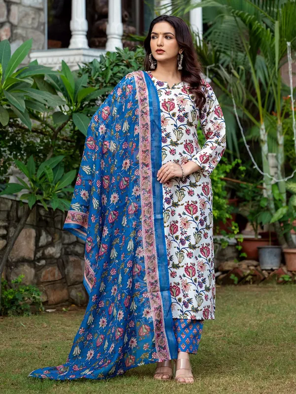 White_Floral_Print_Kurta,_Salwar_&_Dupatta_Set
