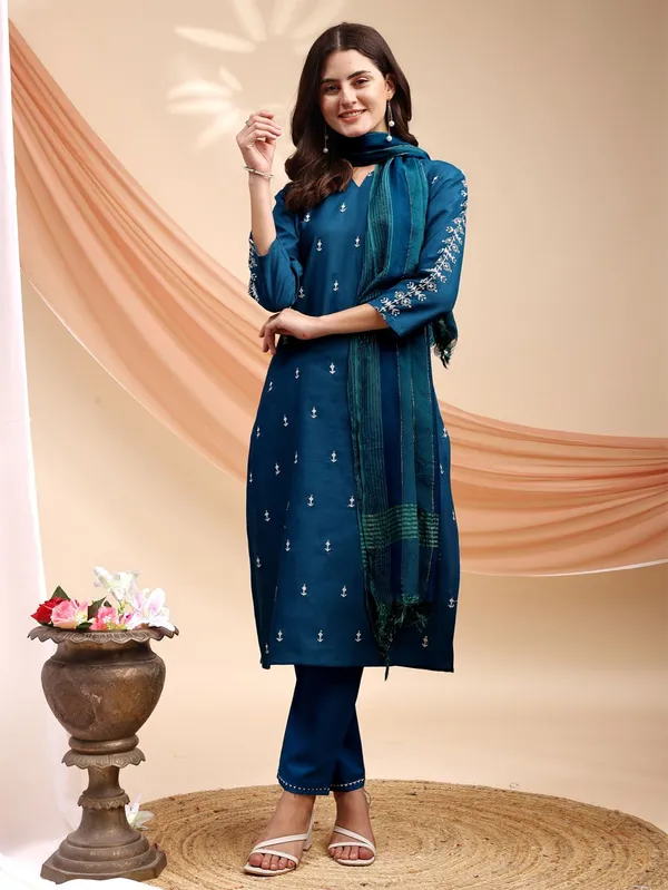 Blue_&_Morpich_Embroidered_Kurta,_Churidar_&_Dupatta_Set