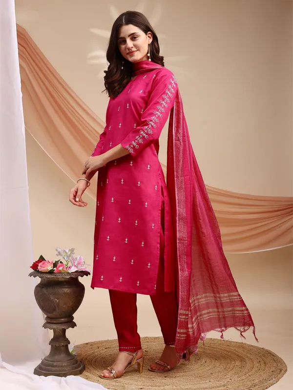 Pink_&_Rani_Embroidered_Kurta,_Churidar_&_Dupatta_Set