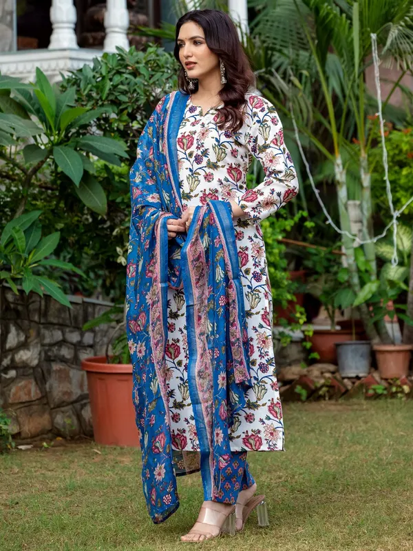 White::Blue_&_White_Printed_Kurta,_Salwar_&_Dupatta_Set