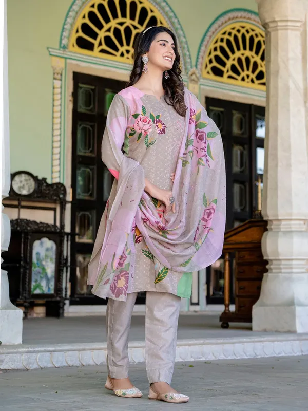 Beige_Floral_Print_Kurta,_Trouser/Pant_&_Dupatta_Set
